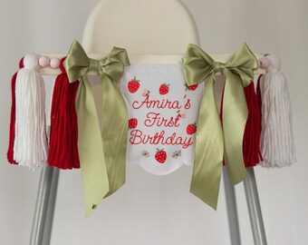 Embroidered Strawberry High Chair Banner, Berry First Birthday, Strawberry Decor, Embroidered Name, Personalized 1st Birthday Decor