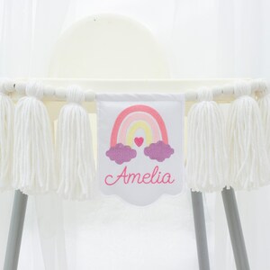 Embroidered pink rainbow high chair banner – Baby girl birthday garland with name, blush pink yarn garland, first birthday photo prop