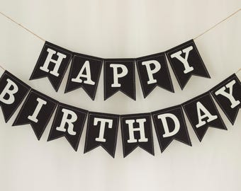 Gepersonaliseerde verjaardagsbanner, zwarte katoenen verjaardagsslinger met witte letters, banner met eigen naam, decoratie voor een mijlpaalverjaardag