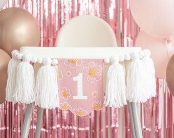 Daisy Birthday High Chair Banner - 1st Birthday Girl Party Decoration - Pink and White Highchair Garland