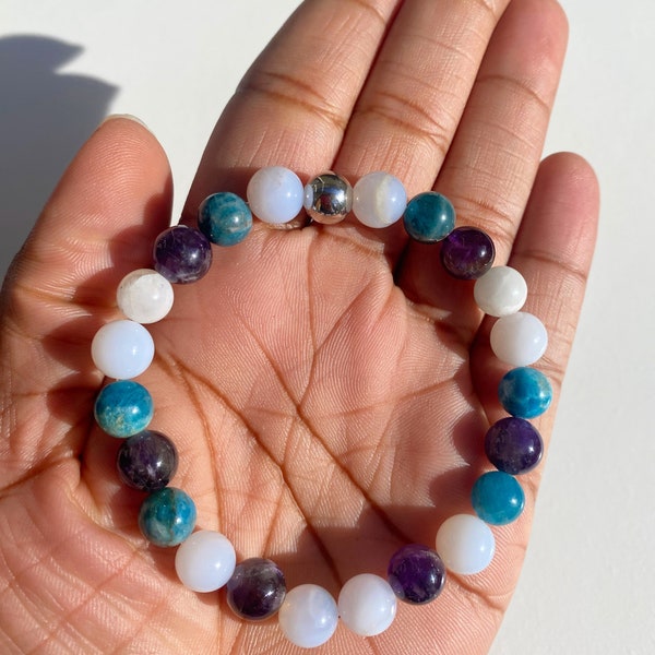 Blue Lace Agate, Rainbow Moonstone, Amethyst and Blue Apatite beaded bracelet, Communication And Spiritual Guidance, Extreme Calming Energy