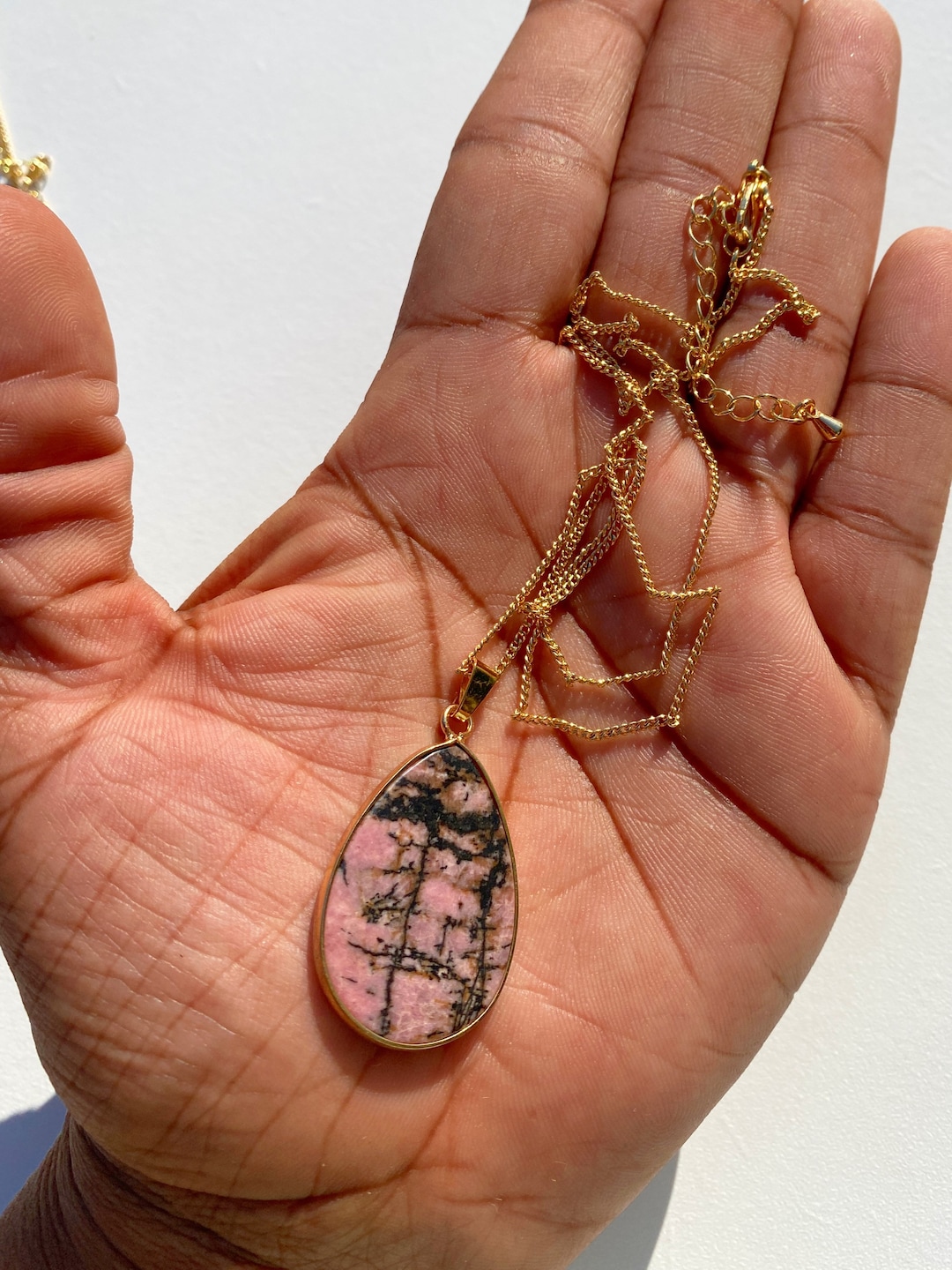 Rhodonite Necklace, 18K Gold Plated Brass Curb Chain, Nickel Free, Gold ...