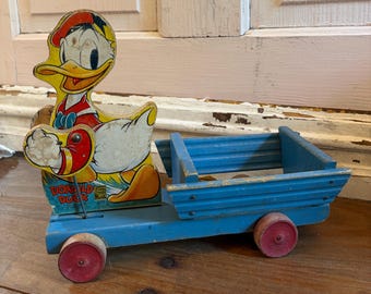 Vintage Fisher Price Dr. Doodle Duck Wooden Pull Toy - 1950s RARE