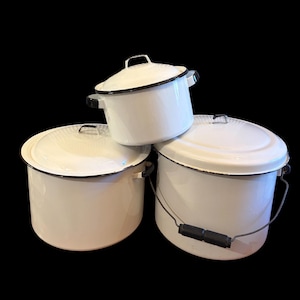 Vintage Enamel Covered Pot | White and Black | Farmhouse Kitchen Decor | USA