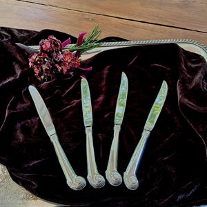 May include: Four silver-toned dinner knives with smooth, polished blades and ornate, scrolled handles. The knives are arranged side-by-side on a dark brown velvet fabric, accompanied by a small cluster of dried dark red flowers and greenery.