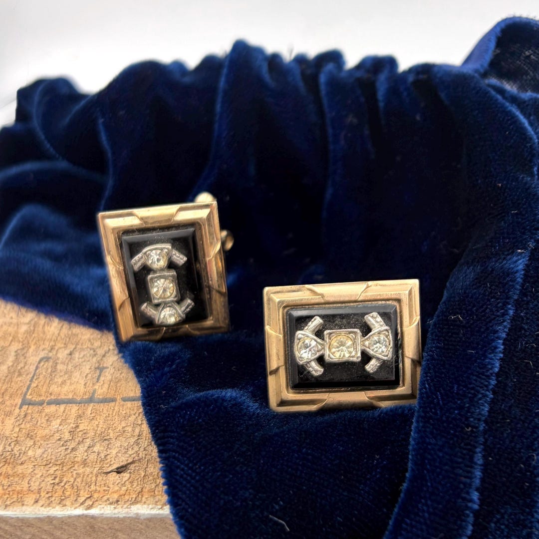 Vintage Black and Gold Cufflink Set | Rhinestone Crystal Stone| Mid ...