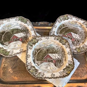 Vintage Johnson Brothers Friendly Village Plates (Set of 3) | Covered Bridge Scene | England