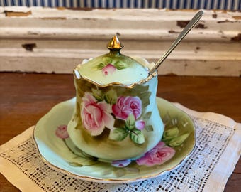 Vintage Covered Jam Jar with Saucer | Lefton | Green Heritage Rose
