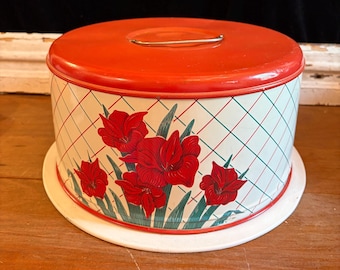 Vintage Red Metal Tin Cake Carrier | Pastry Storage | Mid Century Kitchen Accessories | USA