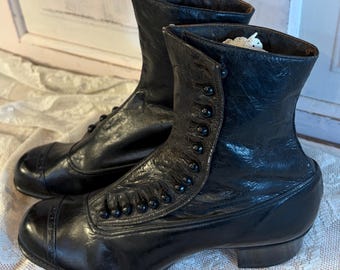 Antique Women’s Button-Up Leather Boots | Edwardian Era | Black High Top Button Boots | Victorian Style