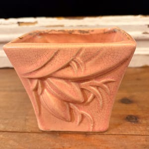 May include: A square-shaped ceramic planter in a soft peach color with a visible crackle glaze finish. The exterior features a raised, molded relief pattern of stylized leaves and branches extending across the front face of the vessel.
