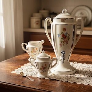Vintage Porcelier Champion Percolator Set | Art Deco Ceramic Coffee Pot, Creamer, Sugar