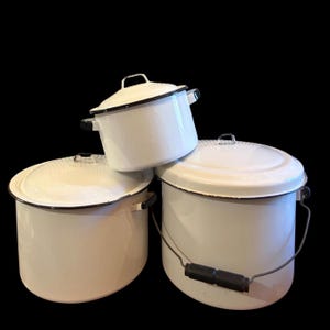 Vintage Enamel Stock Pot | White and Black | Farmhouse Kitchen Decor | USA