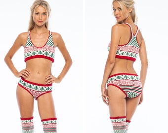 SEXY CHRISTMAS Bundle Knitting Patterns |Fair Isle Vintage Christmas Outfit | Bra Top Pattern + Bikini Panty Pattern + LegWarmers Pattern