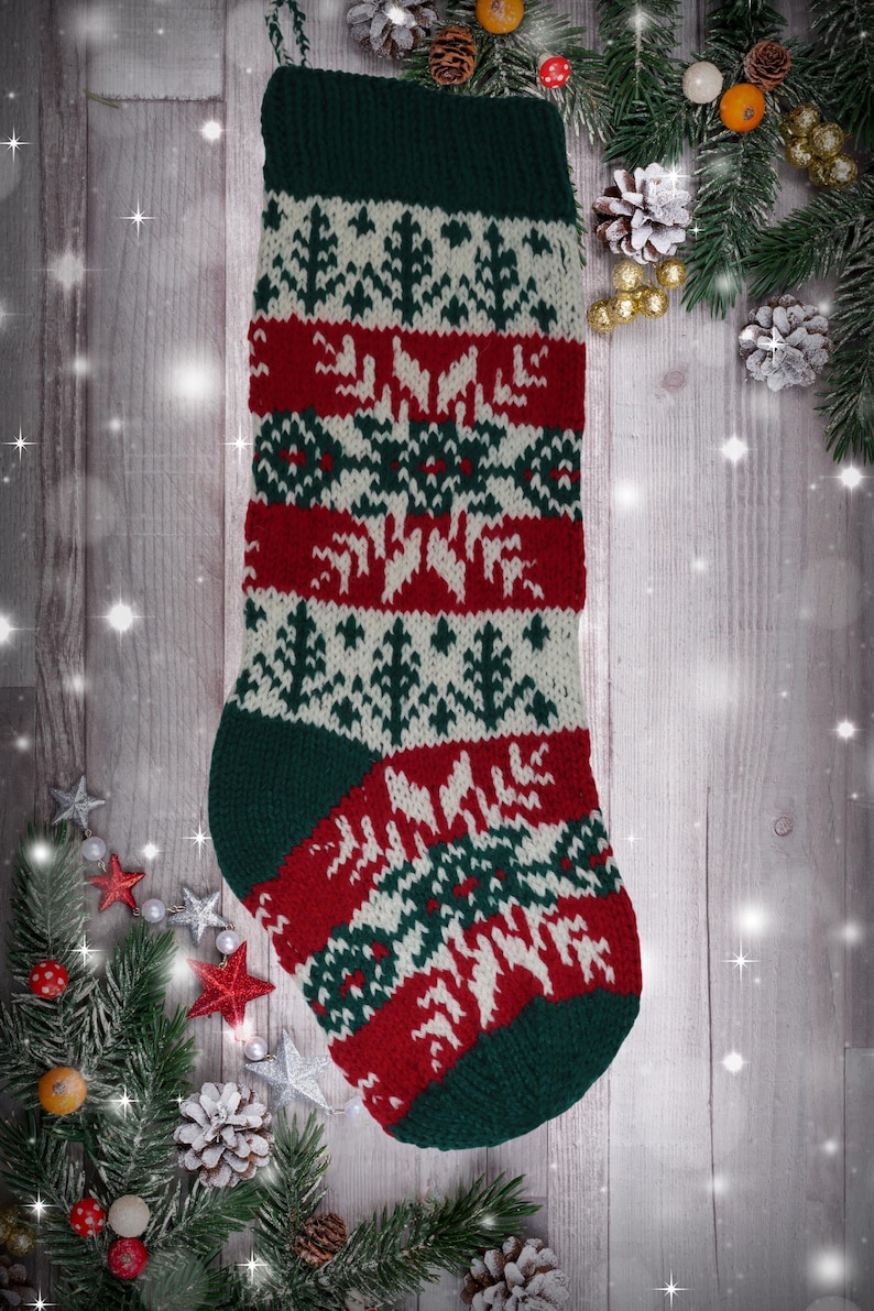 Christmas Stocking Knitting Pattern, Fair Isle Snowflake Holiday