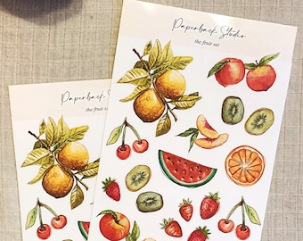 The Fruit Set Sticker Sheet - Hand Drawn Fruit Stickers (Lemon, Peaches, Strawberries, Orange, Kiwis, Cherries)