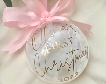 Snow/Feathered Filled Personalised First Christmas Plastic Bauble Rose Gold, Baby Christmas Gift, New Baby Bauble,Christmas 2023