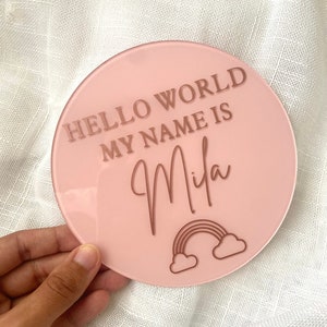 Painted Acrylic Disc for Rainbow Baby / New baby / Birth Announcement / Personalised / Hello World/Social Media Photo Prop/Baby Arrival Sign