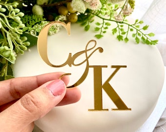 Personalised Double Initial Cake Charm Topper - Acrylic Mirror Gold- Various sizes & Colours -  Baking Supplies Anniversary Baby Wedding