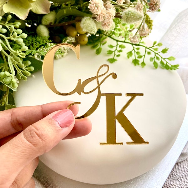 Personalised Double Initial Cake Charm Topper - Acrylic Mirror Gold- Various sizes & Colours -  Baking Supplies Anniversary Baby Wedding