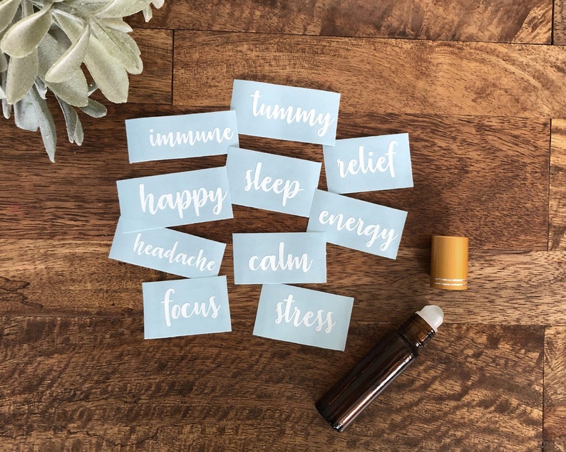 CUSTOM DESIGNS in White Vinyl Label for Essential Oils Roller Bottle Script Font Gold or Black