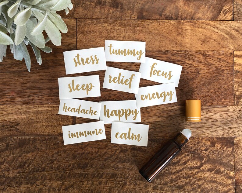 CUSTOM DESIGNS in White Vinyl Label for Essential Oils Roller Bottle Script Font Gold or Black