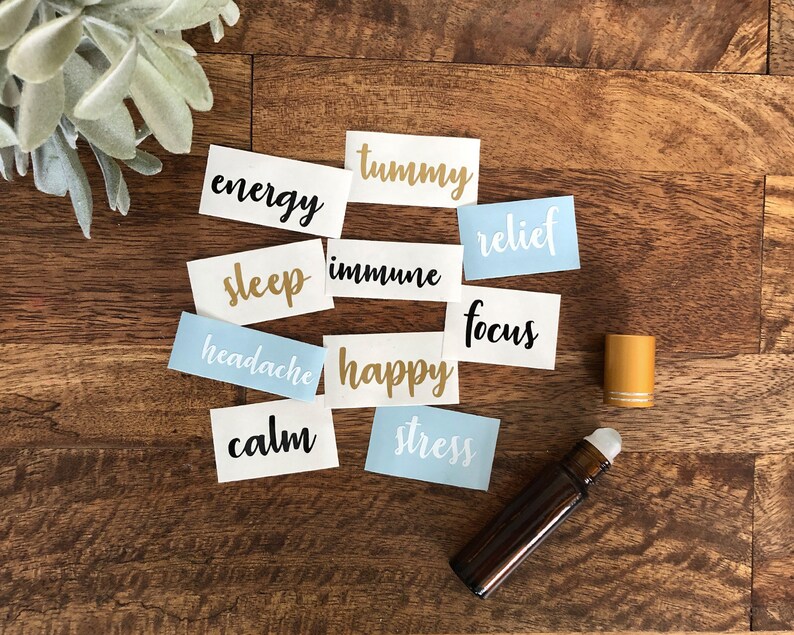CUSTOM DESIGNS in White Vinyl Label for Essential Oils Roller Bottle Script Font Gold or Black