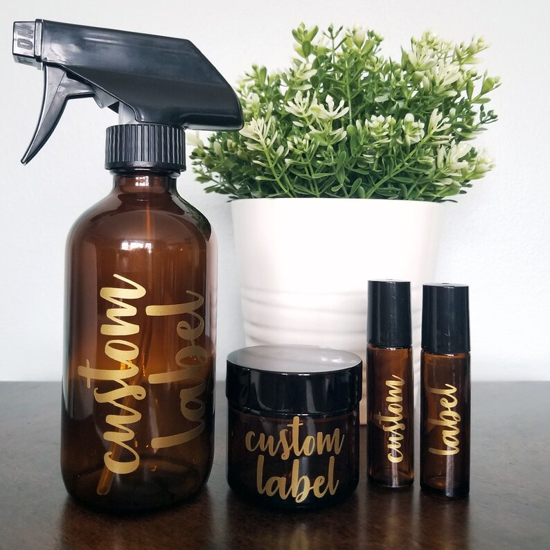 CUSTOM DESIGNS in White Vinyl Label for Essential Oils Roller Bottle Script Font Gold or Black