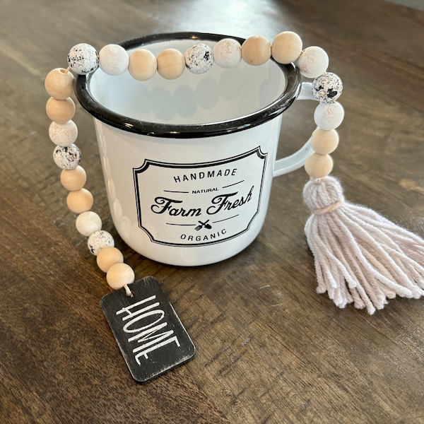 Farmhouse Wood Bead Home Decor, Tier Tray, Bowl Drapery, Rustic Wood HOME Tag & Tassel, Black And White Speckled Beads, Raw And Whitewash