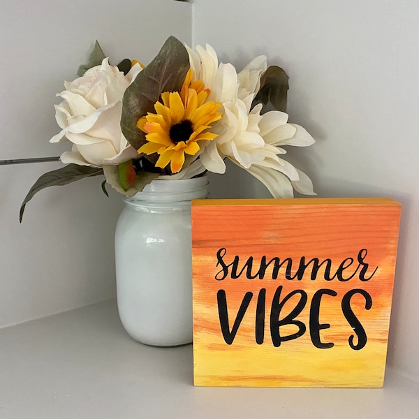 Wood Summer Sunset Plaque, Welcome Summer Home Decor, Coastal Beach Small Block Sign, Summer Vibes Block, Summer Quote, Painted Ombre Sunset