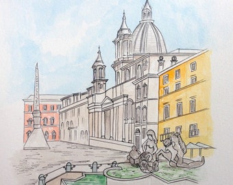 Piazza Navona, Rome, original watercolor painting, 11"x15", urban sketching