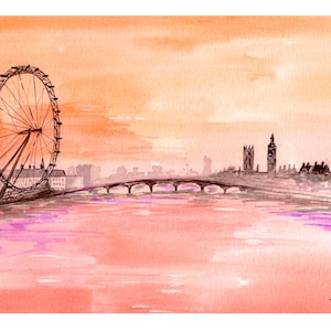 Set di cartoline acquerellate di Londra, cartolina originale di Londra con acquerello, dipinto del London Eye, paesaggio urbano di Londra, regalo di viaggio di Londra