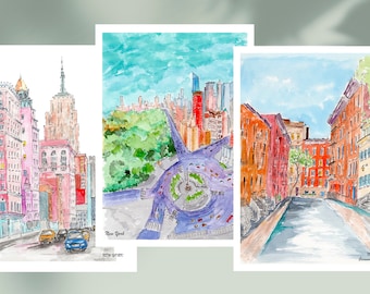 Conjunto de postales de acuarela de Nueva York, bocetos de Nueva York, tarjeta de felicitación de Nueva York, tarjeta de Navidad, regalo de viaje de Nueva York, tarjeta de pintura original de Nueva York