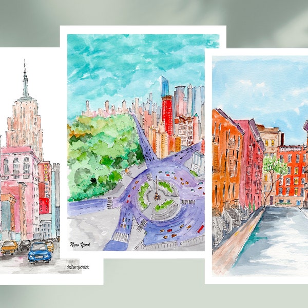 New York Watercolor Postcard Set, NYC sketching,New York greeting card, Christmas card, New York travel gift,New York original painting card