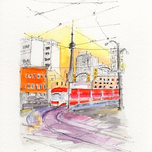 Toronto original watercolor painting, Toronto CN Tower painting, Toronto watercolor, Toronto travel gift, Toronto Streetcar painting,6x8&quot;