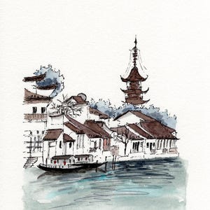 Chinese village original watercolor painting, historic Chinese village painting, old Chinese village painting,8 x 6 in