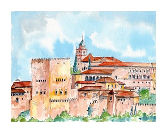 Spain watercolor painting, art print, Granada,Andalusia,Spain Alhambra Palace painting,Granada painting, Spain travel gift,8x10 in