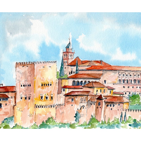 Spain watercolor painting, art print, Granada,Andalusia,Spain Alhambra Palace painting,Granada painting, Spain travel gift,8x10 in