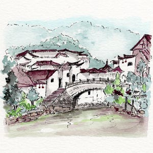 Chinese village original watercolor painting, historic Chinese village painting, old Chinese village painting,4.5 x 5.5 in