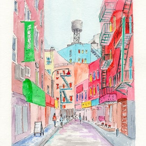 New York original watercolor painting, New York Chinatown painting, New York watercolor painting, New York travel gift, 8x10.5"