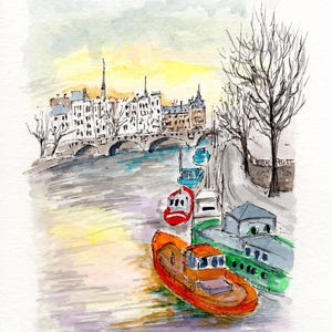 Paris original watercolor painting,Paris silhouette paint,lle de la Cite painting,Paris apartments,Paris travel gift,Paris painting,5.5x7.5&quot;