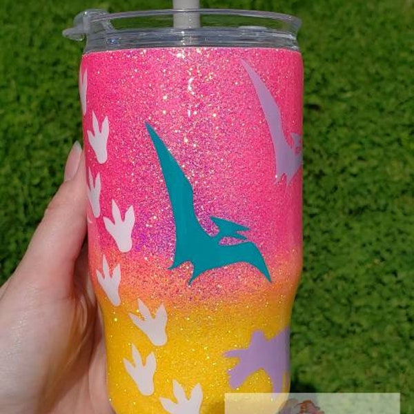 Girls Dinosaur Glitter Tumbler | Glitter Dinosaur Cup | Girls Dino Cup | Kids Dinosaur Tumbler