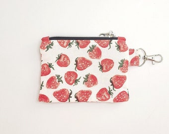 Strawberry Valentines day zipper pouch,white pouch,minimalist wallet, credit card holder,coin holder,coinpurse keychain,headphone holder
