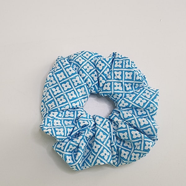 White floral on blue scrunchie , blue standard-sized scrunchies,Hair ties,hair accessories, elastic hair band, easter gift for girls