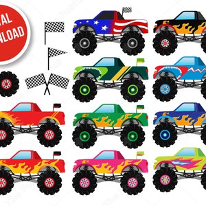 Conjunto de clipart de monster trucks DOWNLOAD INSTANTÂNEO Clipart digital - uso de carro de corrida para scrapbooking, criação de cartões, colagem, artesanato em papel