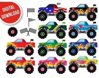 Monster trucks clip art set INSTANT DOWNLOAD Digital clipart - Racing car use for Scrapbooking, Card making, Collage, Paper crafts