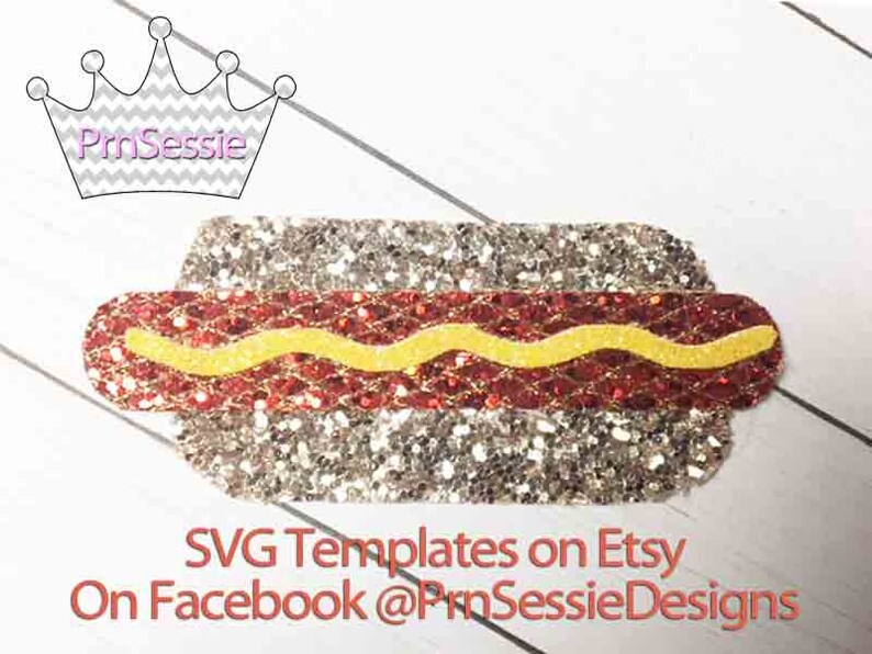 Puede incluir: Un perrito caliente rojo y amarillo brillante con una cobertura de mostaza. El perrito caliente est&aacute; sobre un fondo de purpurina plateada. SVG Templates on Etsy On Facebook @PnnSessieDesigns