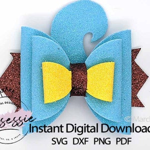 Puede incluir: Un lazo de capas azul y marrón con un lazo central amarillo. El lazo tiene un remolino azul en la parte superior. El texto "Descarga digital instantánea SVG DXF PNG PDF" está debajo del lazo.