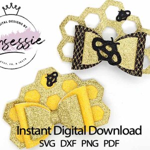 May include: Two gold glitter bow designs with a honeycomb pattern and a black bee silhouette. The bows are layered on top of a honeycomb pattern. The text "Instant Digital Download" and "SVG DXF PNG PDF" are below the bows.