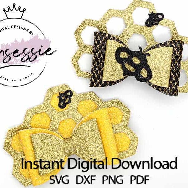 Digital SVG, DXF, PDF Bumble Bee Hair Bow Template, bumble bee svg, bee svg, bee bow, honey comb svg, queen bee svg, digital bow template